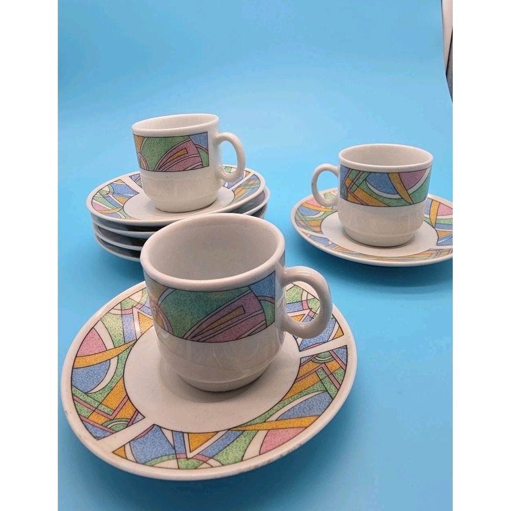 Vintage Espresso Cups And Saucer Set Multicolor Retro Art 3 Cups, 6 Plates